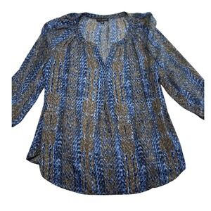 Willi Smith Womens Blouse Small Blue Gray Abstract Print Sheer Long Sleeve Top